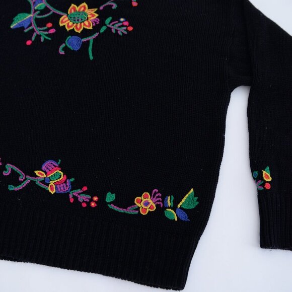 Vintage St Michael Black w Embroidered Floral Knit Mockneck Sweater L - Picture 6 of 12